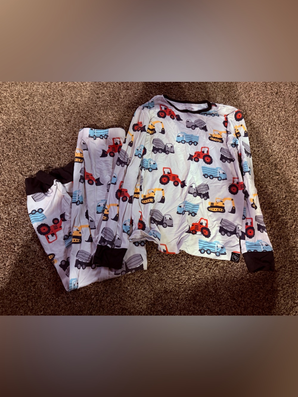 Kids White Construction Truck Pajama Set with Multicolor Trucks